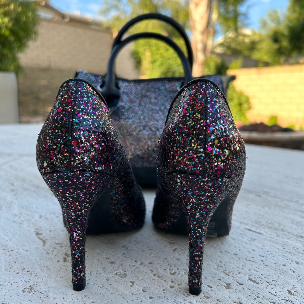 BLACK GLITTER HEELS PUMPS Black Multicolored Sparkly Glitter - Picture 5 of 12